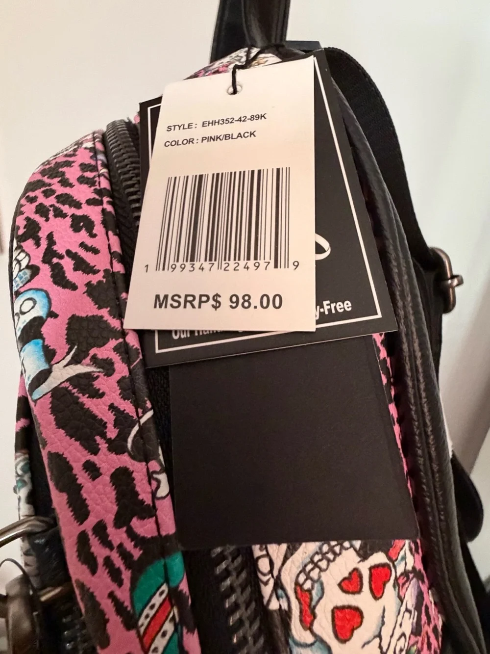 ED HARDY Pink Leopard Skulls Love Kills Backpack. Streetwear, Y2K, Alternative